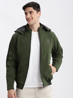 Men Solid Mock Collar Olive Bomber Jacket Comes with Detachable Hoodie-LBR-209-Olive