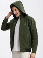 Men Solid Mock Collar Olive Bomber Jacket Comes with Detachable Hoodie-LBR-209-Olive