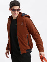 Men Solid Mock Collar Rust Bomber Jacket Comes with Detachable Hoodie-LBR-209-Rust