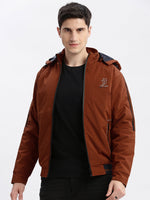 Men Solid Mock Collar Rust Bomber Jacket Comes with Detachable Hoodie-LBR-209-Rust