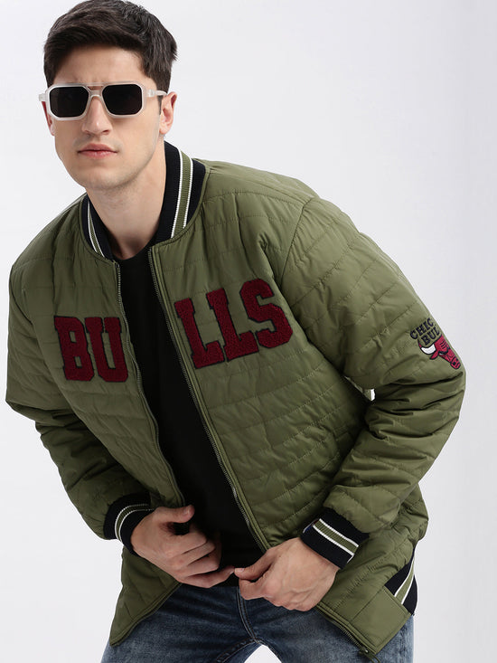 Men Typography Mandarin Collar Olive Puffer Jacket-LBR-211-B-Olive