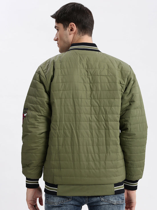 Men Typography Mandarin Collar Olive Puffer Jacket-LBR-211-B-Olive