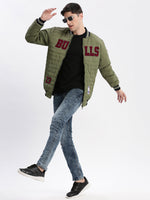 Men Typography Mandarin Collar Olive Puffer Jacket-LBR-211-B-Olive