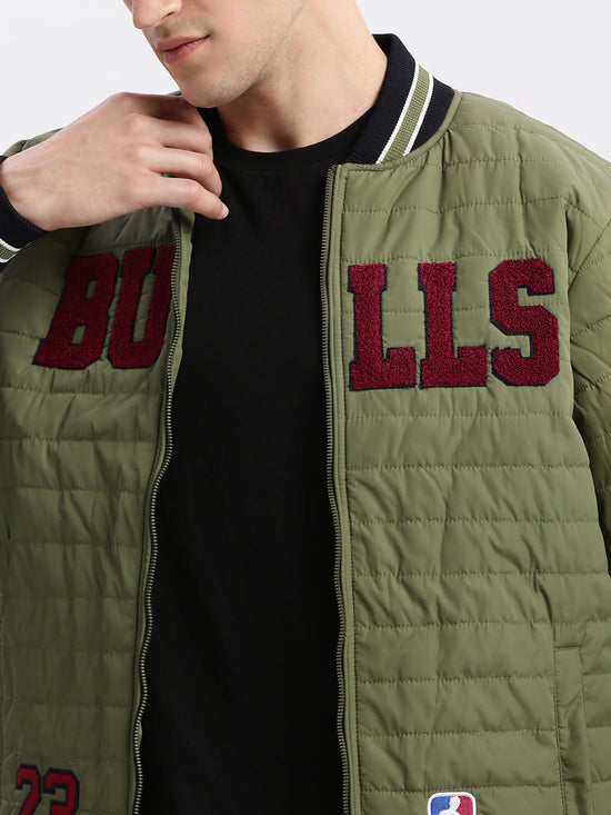 Men Typography Mandarin Collar Olive Puffer Jacket-LBR-211-B-Olive