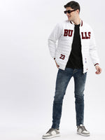 Men Typography Mandarin Collar White Puffer Jacket-LBR-211-B-White