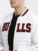 Men Typography Mandarin Collar White Puffer Jacket-LBR-211-B-White