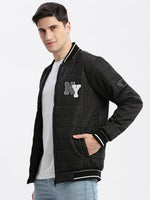 Men Typography Mandarin Collar Black Puffer Jacket-LBR-212-B-Black