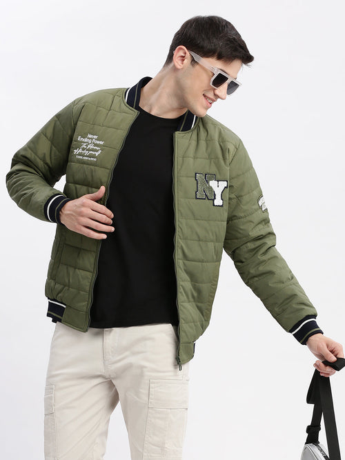 Men Typography Mandarin Collar Olive Puffer Jacket-LBR-212-B-Olive