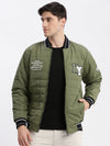 Men Typography Mandarin Collar Olive Puffer Jacket-LBR-212-B-Olive