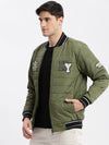 Men Typography Mandarin Collar Olive Puffer Jacket-LBR-212-B-Olive