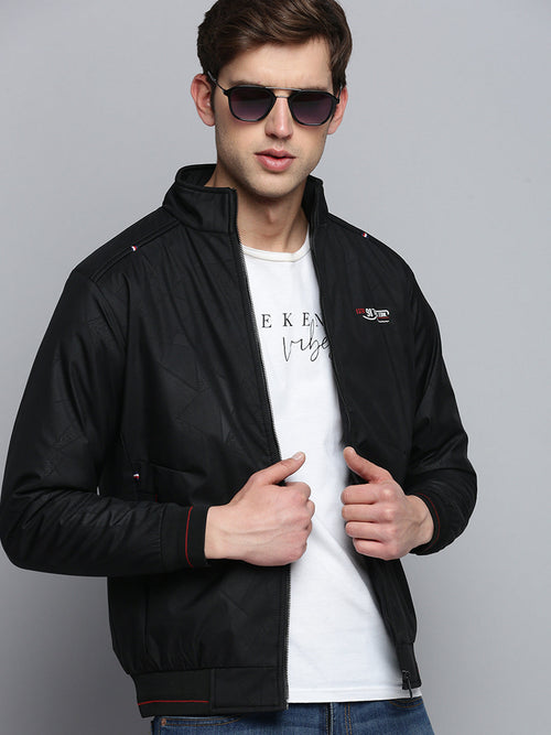 Men Mock Collar Solid Black Padded Jacket-LBR-246-Black