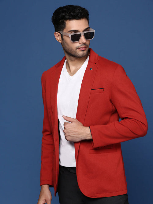 Men Red Slim Fit Single Breasted Blazer-LBR-4500-Red