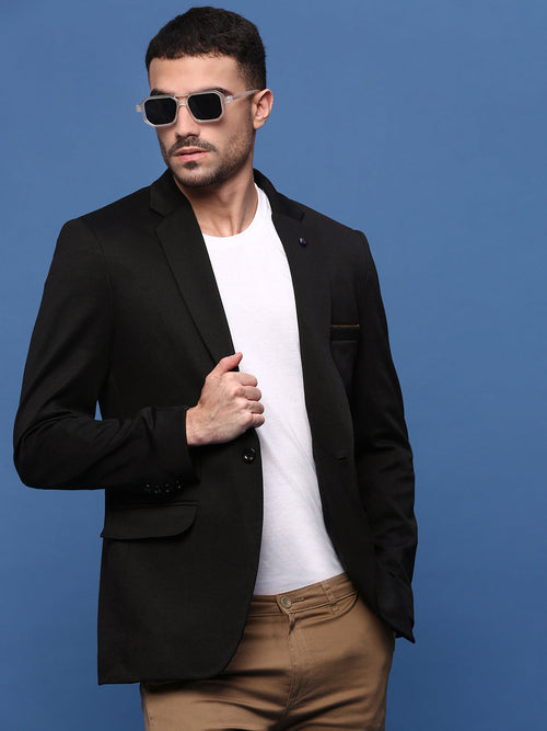 Men Black Slim Fit Single Breasted Blazer-LBR-7000-Black