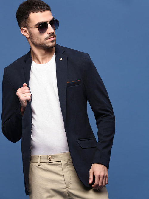 Men Navy Blue Slim Fit Single Breasted Blazer-LBR-7000-Navyblue