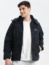 Men Abstract Mock Collar Navy Blue Puffer Jacket Comes with Detachable Hoodie-LBR-720-Navyblue