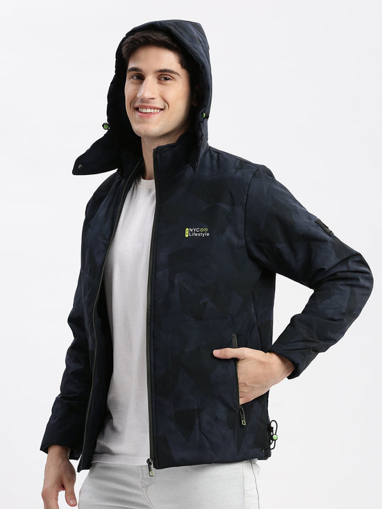 Men Abstract Mock Collar Navy Blue Puffer Jacket Comes with Detachable Hoodie-LBR-720-Navyblue