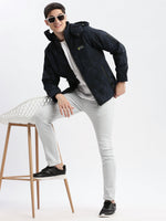 Men Abstract Mock Collar Navy Blue Puffer Jacket Comes with Detachable Hoodie-LBR-720-Navyblue