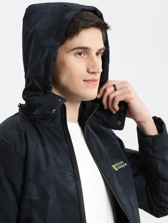 Men Abstract Mock Collar Navy Blue Puffer Jacket Comes with Detachable Hoodie-LBR-720-Navyblue