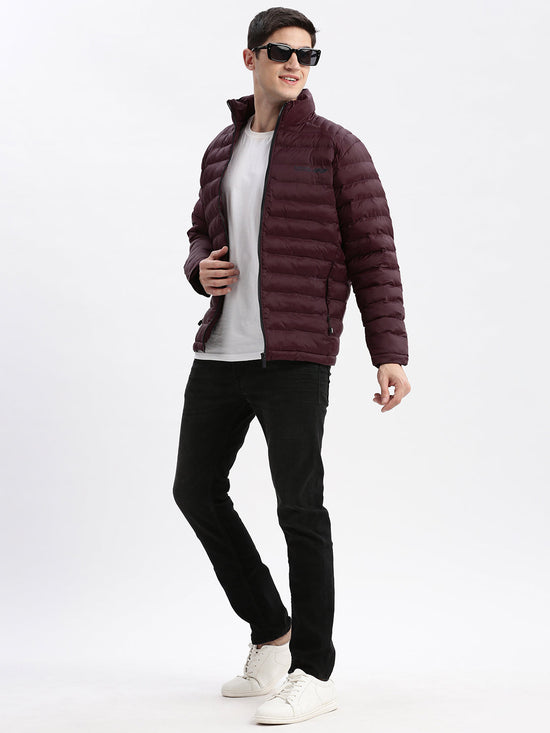 Men Solid Mock Collar Burgundy Puffer Jacket-LBR-816-Burgundy