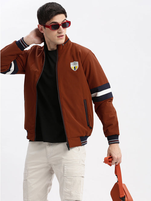 Men Solid Mock Collar Rust Bomber Reversible Jacket-LBR-911-Rust