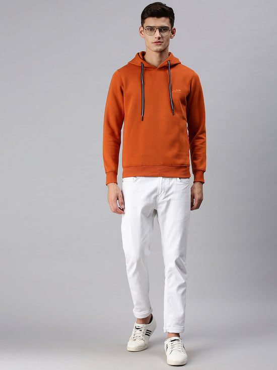 Men Hooded Solid Orange Sweatshirt-LBR1998-Tan