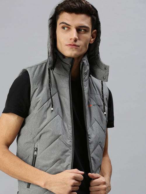 Men Hooded Solid Grey Padded Jacket-LBR404-Grey