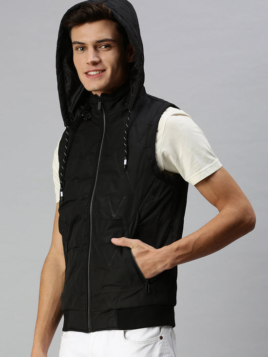 Men Hooded Solid Black Padded Jacket-LBR410-Black