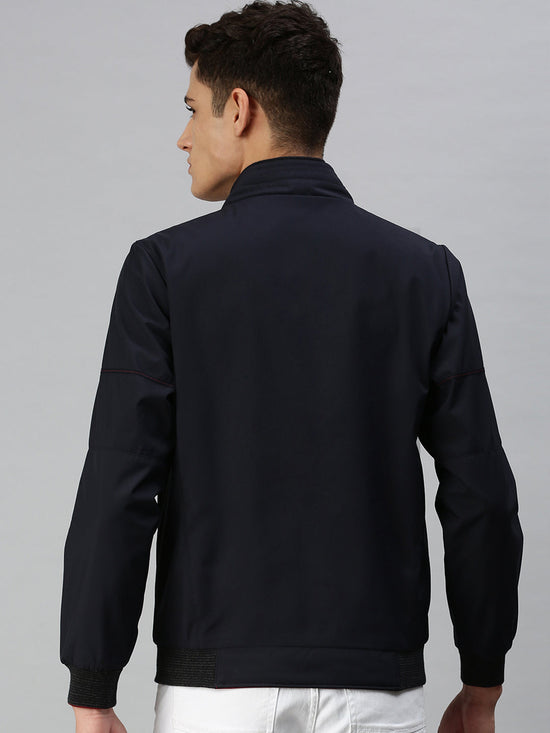 Men Solid Blue Open Front Jacket-LBR905-Navy