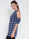 Blue And White Check Cold Shoulder Long