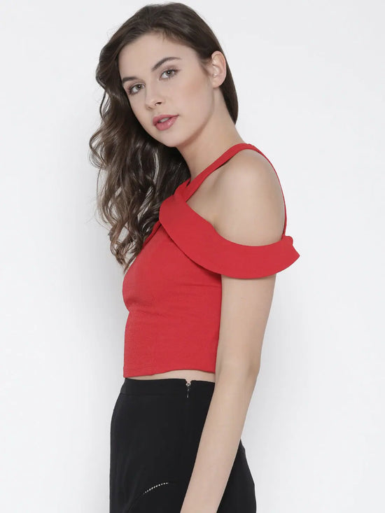 Red Bodycon Crossover Cold Shoulder Crop