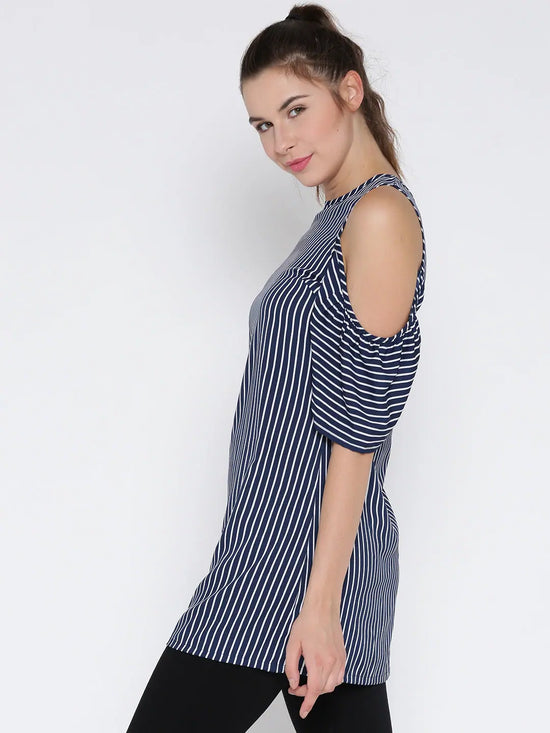 Blue And Red Striped Cold Shoulder Long