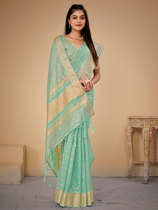 Saree Mall Women's Cotton  Light Blue Woven Design Designer Saree With Blouse Piece-LINOMA02A