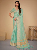 Saree Mall Women's Cotton  Light Blue Woven Design Designer Saree With Blouse Piece-LINOMA02A