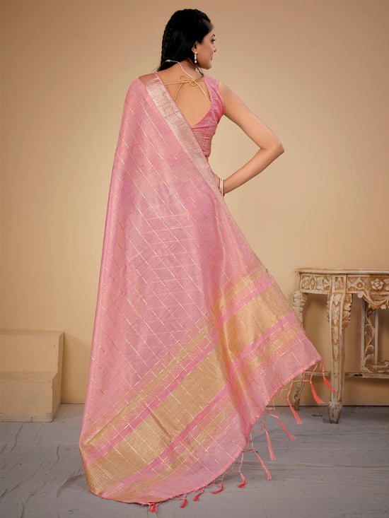 Saree Mall Women's Cotton  Pink Woven Design Designer Saree With Blouse Piece-LINOMA02C