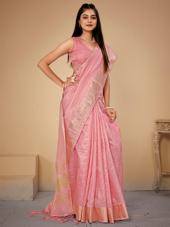 Saree Mall Women's Cotton  Pink Woven Design Designer Saree With Blouse Piece-LINOMA02C