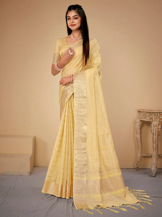 Saree Mall Women's Cotton  Yellow Woven Design Designer Saree With Blouse Piece-LINOMA02D