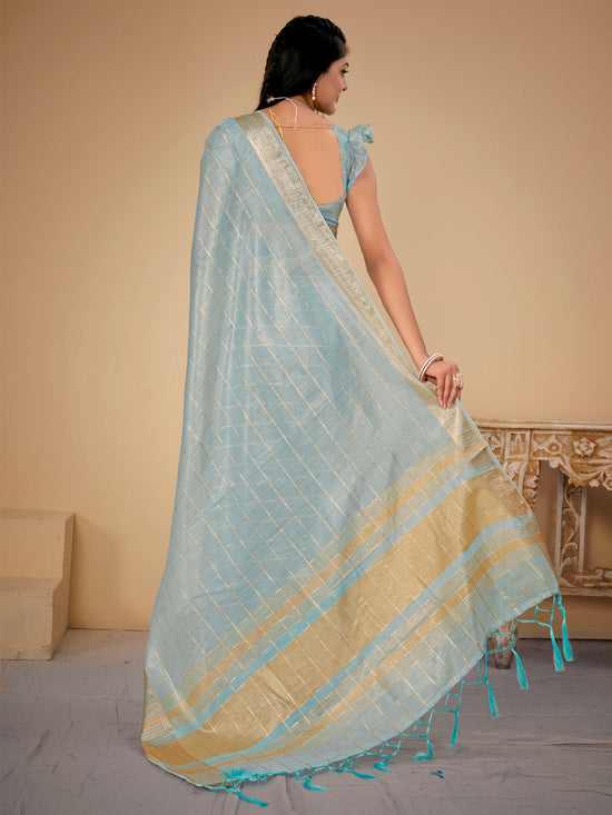 Saree Mall Women's Cotton  Blue Woven Design Designer Saree With Blouse Piece-LINOMA02E