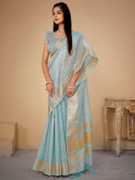 Saree Mall Women's Cotton  Blue Woven Design Designer Saree With Blouse Piece-LINOMA02E