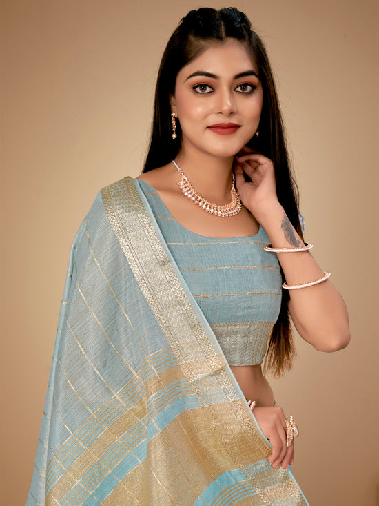 Saree Mall Women's Cotton  Blue Woven Design Designer Saree With Blouse Piece-LINOMA02E