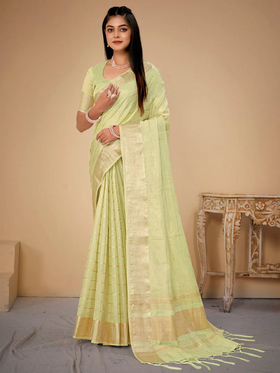 Saree Mall Women's Cotton  Light Green Woven Design Designer Saree With Blouse Piece-LINOMA02G