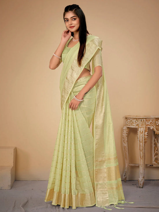 Saree Mall Women's Cotton  Light Green Woven Design Designer Saree With Blouse Piece-LINOMA02G