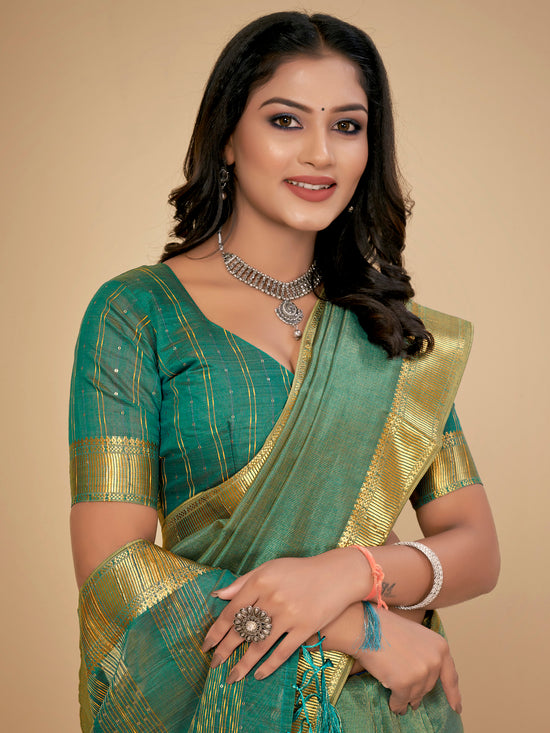 Saree Mall Women's Cotton  Sea Green Embellished Designer Saree With Blouse Piece-LINOMA03B