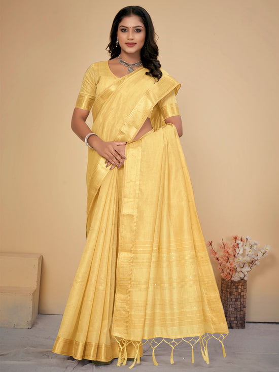 Saree Mall Women's Cotton  Yellow Embellished Designer Saree With Blouse Piece-LINOMA03C