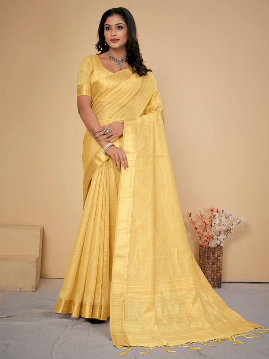 Saree Mall Women's Cotton  Yellow Embellished Designer Saree With Blouse Piece-LINOMA03C