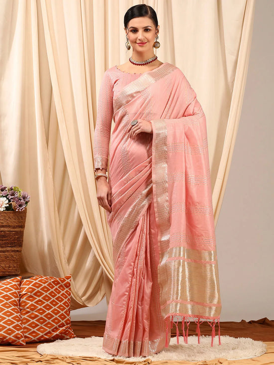 Saree Mall Women's Linen Pink Woven Design Designer Saree With Blouse Piece-LINOMA05C