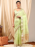 Saree Mall Women's Linen Light Green Woven Design Designer Saree With Blouse Piece-LINOMA05D