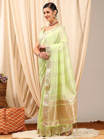 Saree Mall Women's Linen Light Green Woven Design Designer Saree With Blouse Piece-LINOMA05D