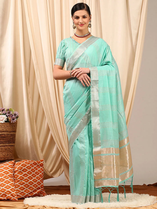 Saree Mall Women's Linen Turquoise Woven Design Designer Saree With Blouse Piece-LINOMA05F