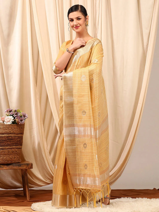 Saree Mall Women's Linen Cream Woven Design Designer Saree With Blouse Piece-LINOMA07B