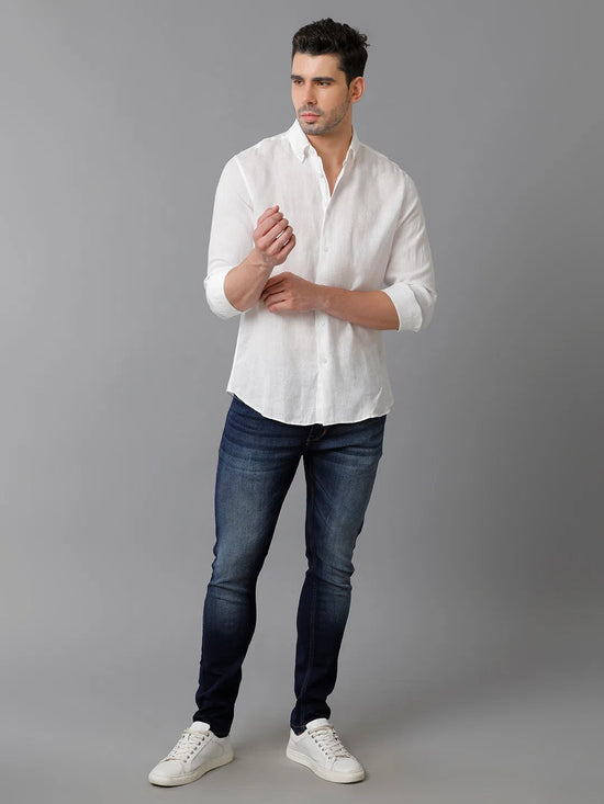 Mens Regular Fit Solid White Casual Linen Shirt-LITE-S